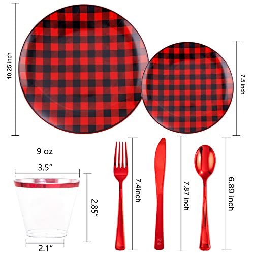 Nervure 150Pcs Red And Black Plastic Plates - Disposable Buffalo Plaid Plastic Plates - Plaid Christmas Plates Include 50Plates, 25Knives, 25Forks, 25Spoon, 25Cup For Party & Wedding #TOP4