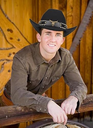 Western-Cowboy-Hats for Women Men - Classic Wide Brim Felt Fedora Unisex Upturn Bull Head Cowgirl Caps with Buckle Belt - Image 6