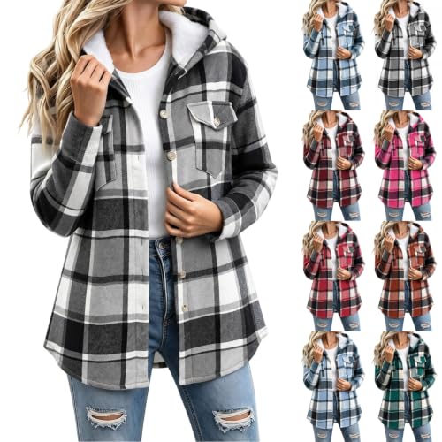 Fleece Jacket Women Plaid Fleece Lined Jackets Hooded Shacket with Pockets - image 1