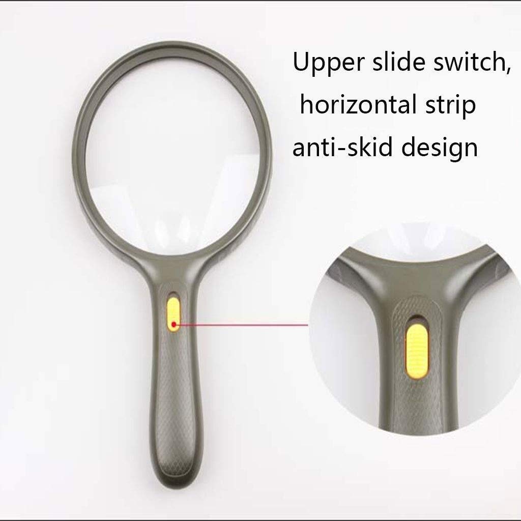 Lupas, lupas educativas para Pasatiempos, Lupa de Lectura portátil Verde Militar de 13 cm con Lente Grande y 3 Luces LED, Doble Aumento.