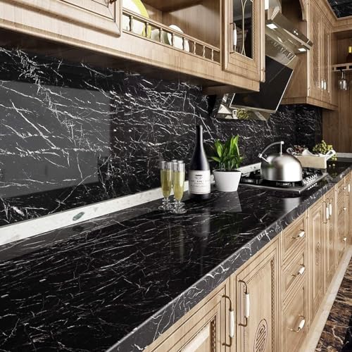 Image of 45 x 600 CM Marble Wallpaper Furniture Kitchen, Cabinets, Almirah, Tabletop, Plastic Table, Wooden Table, Wardrobe, Renovation PVC DIY Self Adhesive Sticker Pearl Black