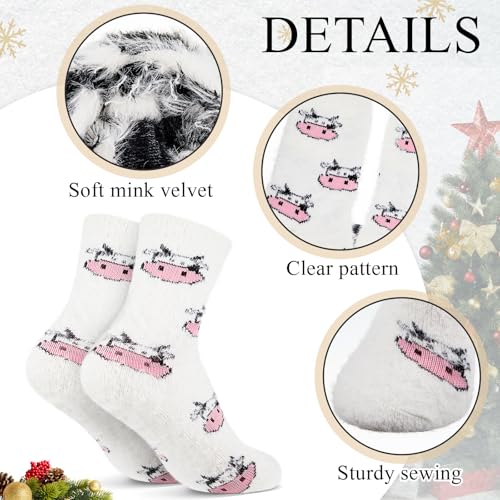 Foaincore 3 Pairs Fuzzy Cow Socks for Women Cow Print Stuff Chunky Hose Cute Winter Fluffy Cozy Slipper Socks Warm Funny Animal Hose Gifts for Women Favors2