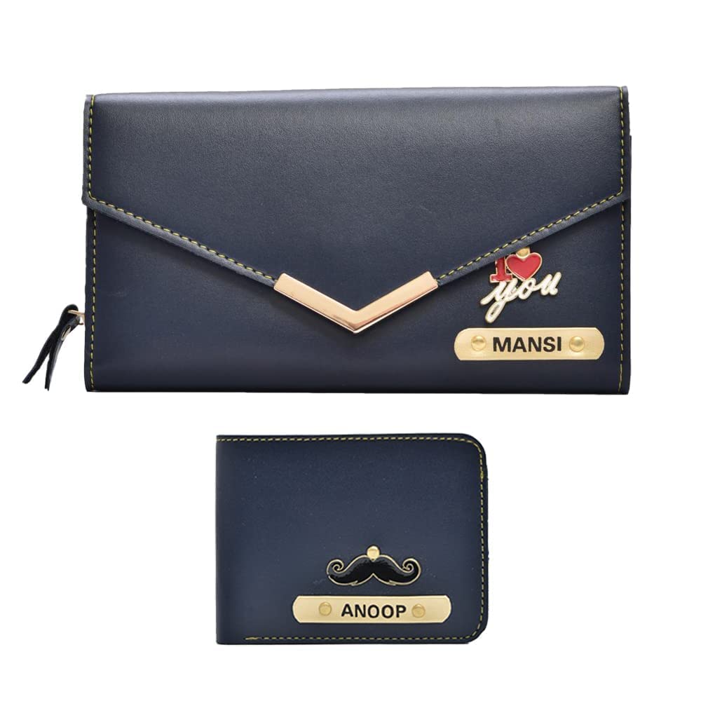 Personalized Couple Wallet Set with Name & Charm | Customized Women Wallet & Men Wallet Combo | Premium Gift Box | Vegan Leather | Blue-image-41
