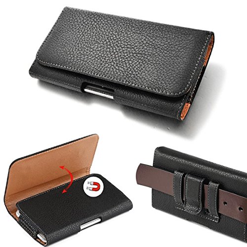 for Galaxy Prevail LTE, Galaxy Core Prime, Large Size Horizontal Black Faux Leather Pouch Case Belt Loop Belt Clip Holster with Cleaning Cloth Fits Phone with Hybrid Silicone Skin Protective Cover
