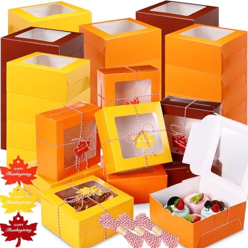 Resholder 48 Pcs Fall Treat Boxes with Window 6.3x6.3x3 Inch Thanksgiving Cookie Boxes Fall Gift Box Autumn Thanksgiving Bakery Boxes Candy Cardboard Box with Maple Leaf Cards Ropes for Party Favor