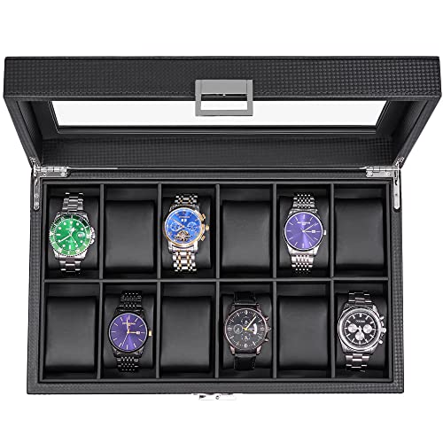 Bewishome Watch Box Organizer 12 Watch Case For Men Luxury Watch Display Case With Large Glass Window, Carbon Fiber Design, Black Ssh08C #TOP7