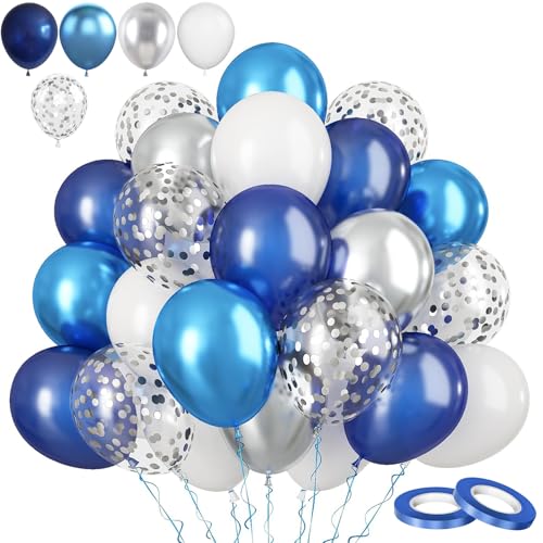 COSORO Kit Ballon Anniversaire,60 Pièces Ballons Gris Argenté Bleu Blanc,12 Pouces Ballon Helium Gonflable Ballons Latex Épais Confettis pour Decoration Anniversaire Fête de Baby Shower Mariage