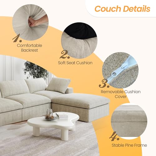 Image of JACH V Shape Couch Sectional for Living Room, Deep 5-Seats Modular Convertible Sofa, Couch Cushion Covers Removable, Cloud Sofas with Chaise Ottoman for Living Room, Apartment (Khaki)