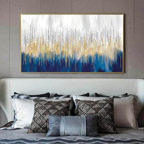 Peinture sur toile abstraite feuille d'or et bleu affiche murale encadrée salon 50x100cm