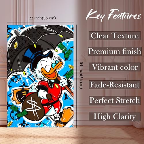 Image of Luxury Cartoon Duck Pop Art Canvas Wall Art Painting For Living Room | Money & Success Theme Street Art Wall Art Painting | Modern Graffiti Style Artwork for Home & Office, 56x86 cm