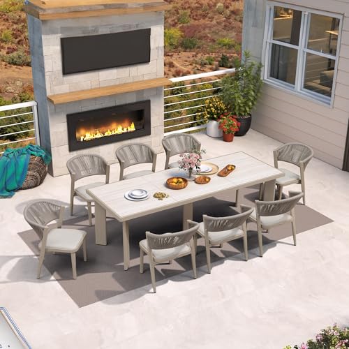 Image of PURPLE LEAF Outdoor Dining Set for 8 with HPL Table and Chairs Champagne