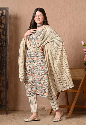 Image of Amazon Brand - Tavasya Women Cotton Anarkali Kurta Pant Dupatta Set | Printed Ethnic Suit Set | Flared Anarkali Kurta with Pant & Dupatta | Festive & Casual Wear