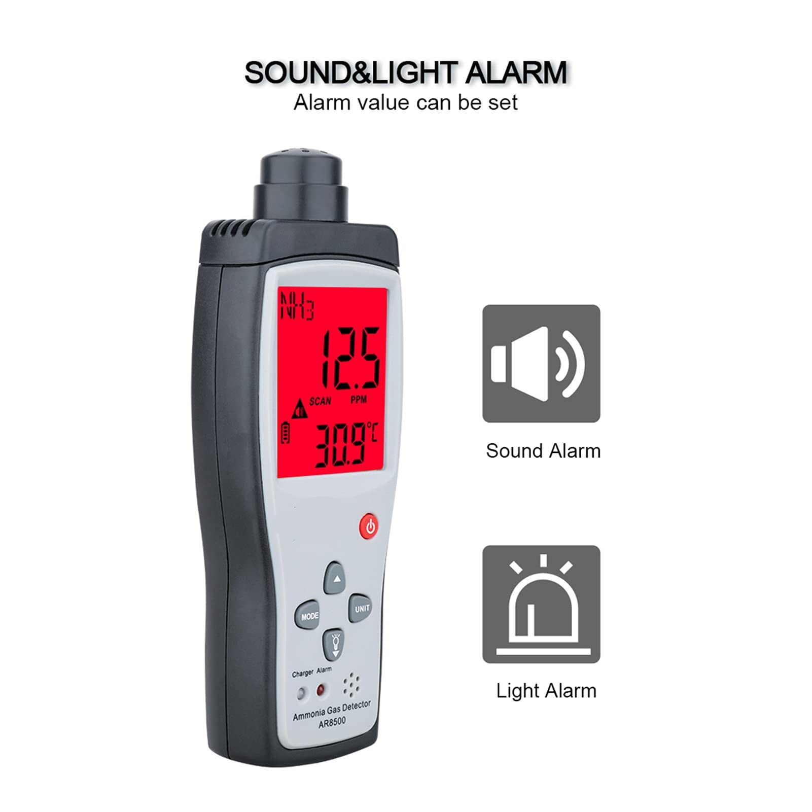 Monitor de calidad del aire Detector de gas amoníaco NH3 Analizador de gas medidor Tester Air Quality Monitor Handheld 0-10 0ppm Alarma de luz de sonido AR8500