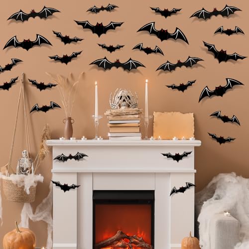 AKEROCK Halloween Decorations - Indoor 3D Bats with Glow in The Dark Eyes & Skeleton, 3 Styles, 3 Sizes Each, Includes 136 Pcs of Tape