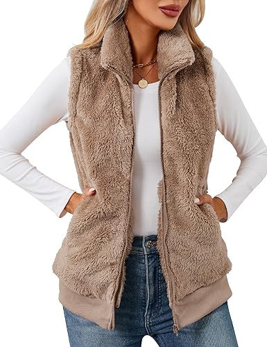 IECCP Westen Damen Leicht Einfarbig Elegant Winter Elegant Leicht Bequem Lässig Lose Weste Schwarz Mit Taschen(Braun,M)