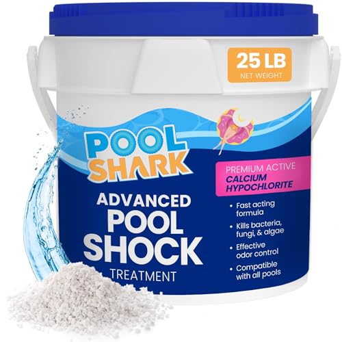 Image of POOL SHARK 68% Calcium Hypochlorite Pool Shock | 25 lb Bucket Chlorine Granules | Pool Shock Treatment for Swimming Pools | Inground & Above Ground Pool Cleaning, Fast-Acting Chlorine Shock