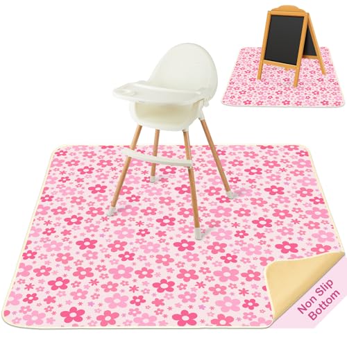 BeBeJoJo Baby Splat Mat for Under High Chair 51 x 51 Inch Large Waterproof High Chair Mat with Non Slip Bottom Food Catcher for Highchair Boy Girl Mat for Floor Machine Washable, Pink Flowers