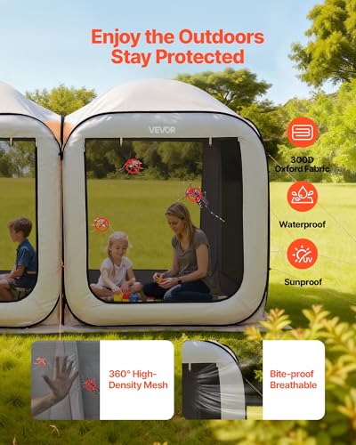 VEVOR 12x6ft 2-in-1 Pop-Up Screen House Tent, Dual Room Screen Gazebo, Portable Screened Canopy with Carry Bag, Netting Sides & Ground Stakes for Garden, Patio, Backyard & Outdoor Activities, Beige - Thumbnail 7