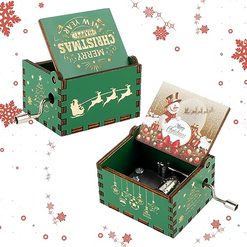 Amaxiu Caja de música de Navidad, caja de música de madera con manivela, mini cajas musicales grabadas vintage con temática navideña, decoraciones de Feliz Navidad, regalos para Año Nuevo (Merry