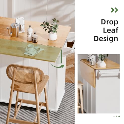 infurnic Rolling Kitchen Island Cart with Drop Leaf, Storage Drawers, Spice Rack, and Towel Rack for Kitchen and Dining Room, White