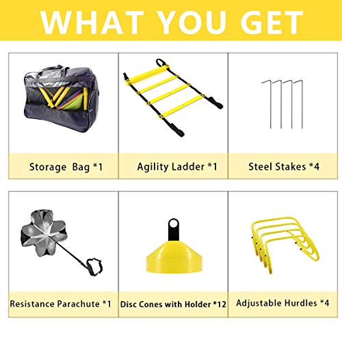 FYGAIN Speed Agility Training Set, Includes Resistance Parachute, Agility Ladder, 4 Steel Stakes, 4 Adjustable Hurdles, 12 Disc Cones with Holder, Speed Training Equipment for Soccer, Football - Thumbnail 2