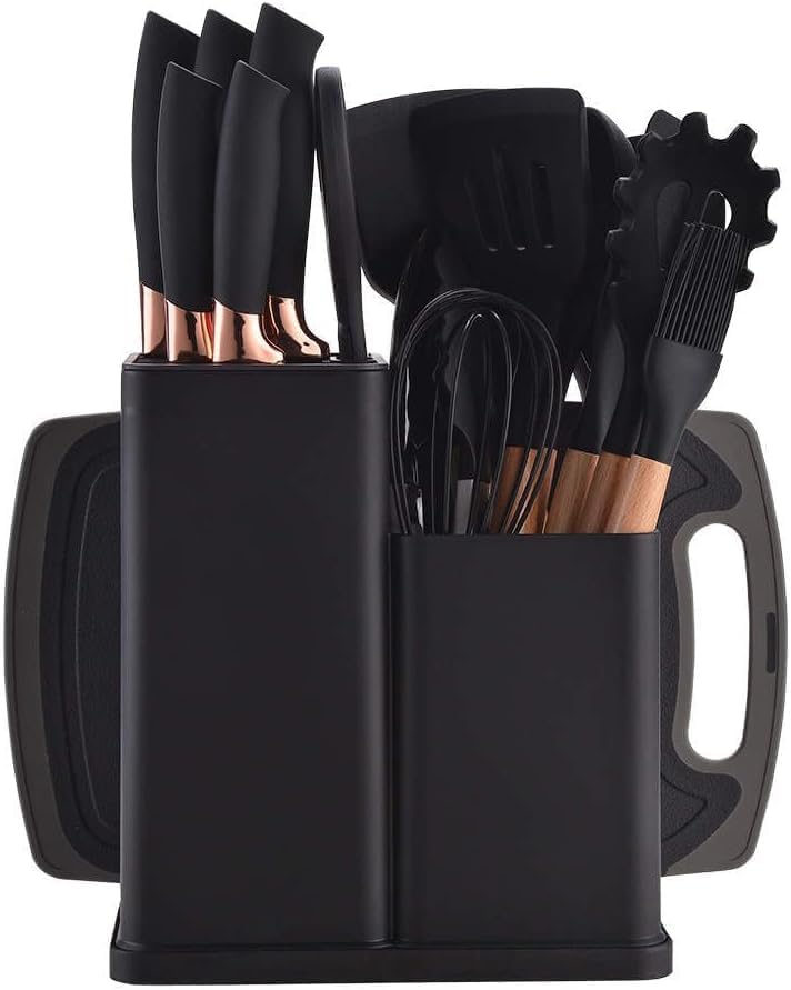 SUPREMIUM19-Piece Kitchen Utensils Set: 11 Silicone Cooking Tools, 6 Stainless Steel Knives, Cutting Board & Utensil Holder, Complete Cooking Solution for Home Chefs, Heat Resistant & Durable (Black)