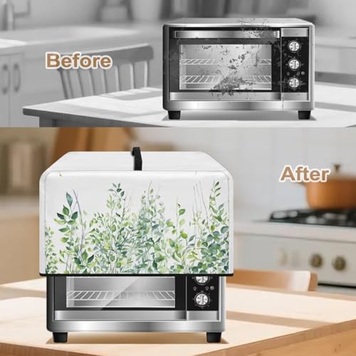 Image of Convection Microwave Oven Cover Countertop Toaster Oven Cover Appliance Protector for Home Kitchen Decorations, 20.9 x 15.7 x 12.4 Inches, L, Green Leaf White
