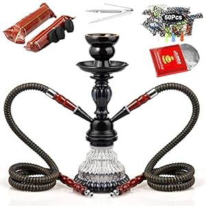 2 Hose Hookah Set, 11” Glass Hookah Shisha with Stable Glass Vase Base with Coals, Tips and Foil Covers, Ready Gift