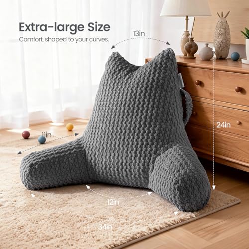 Yagamo Reading Pillow, Backrest Pillow with Shredded Memory Foam, Back Support Cushion for Bed and Couch Sitting Up, Bed Pillow with Arms, Pockets and Washable Cover-Grey