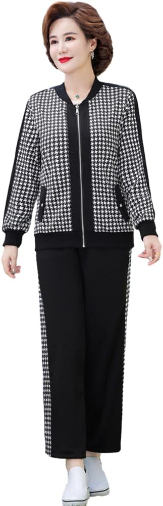 [MTKCNTL] ジャージセットアップ レディース シニア 上下セット 大きいサイズ スウェット 運動着 千鳥格子 ズボン カジュ