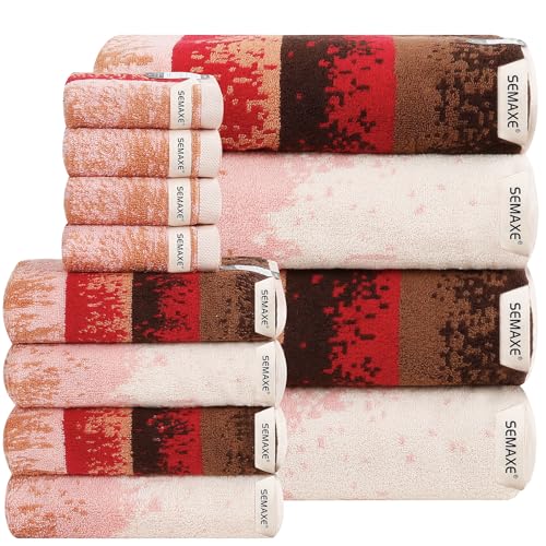 12-Piece Cotton Bath Towel Set for Bathroom, Hanging Loops, Ombre Gradient