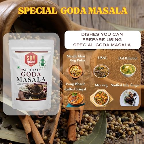 Image of SRV Spices Goda Masala - 100gm | Traditional Maharashtrian spice | Iron Pounded, Sweet Aroma, Preserves Natural Oils | Brahmani Puneri Kala Masala for Dal, Khichdi, Veg Curries & Bhaji