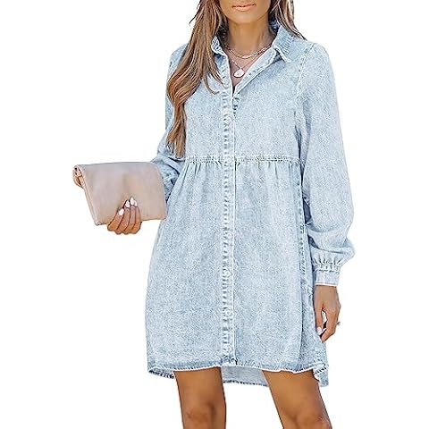 LookbookStore Casual Denim Dress for Women Long Sleeve Dress for Women Wedding Guest Short Summer Dresses for Women 2024 Blue Jean Shirts Women Roadknight Blue Size Large Size 12 14 Cover