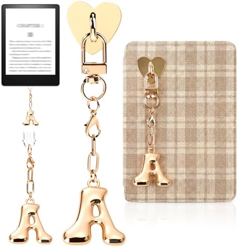 Kindle Dust Plug Charm & Chain, Alphabet Letter Charms with Removable Heart Hook, Type-C Charger Port Dust Plug Accessories Compatible with Kindle E-Reader/Tablet/Phone, Gifts for Book Lovers (Letter A)