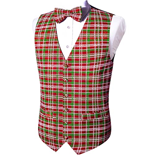 Barry. Wang Mens Christmas Vest with Snow/Snowman/Christmas Tree Red/Green Holiday Waistcoat Bowtie Set Party Halloween2