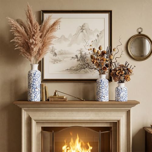 Image of Chinoiserie Decor Ceramic Vases Set - 3 Blue and White Vase, Chinoiserie Vase Farmhouse Country, Flower Vases Home Decor, Living Room Decoration, Entrance, Fireplace, Table Decoration, Centerpieces