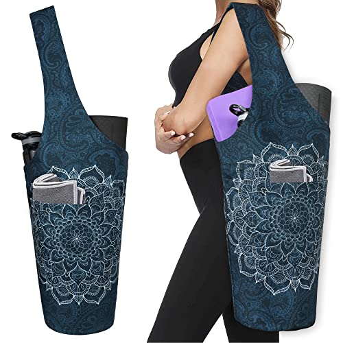 Yoga Mat Bag - Long Tote With Pockets - Holds More Yoga Accessories - Yoga Bag Fit Most Size Mats - Navy Mandala Yoga Mat Carrier #TOP8