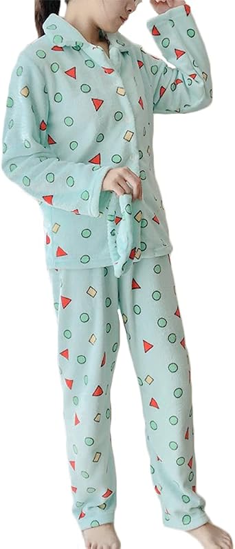 Dizoon Womens Cotton Long-Sleeve Pajamas, Open Front, Room Wear, Top and Bottom Set, Long Pants, Eye Mask, 3-Piece Set, Four-Season Use, Shinchan Pajamas, Sleepwear, Cute, Soft, Breathable, Flannel