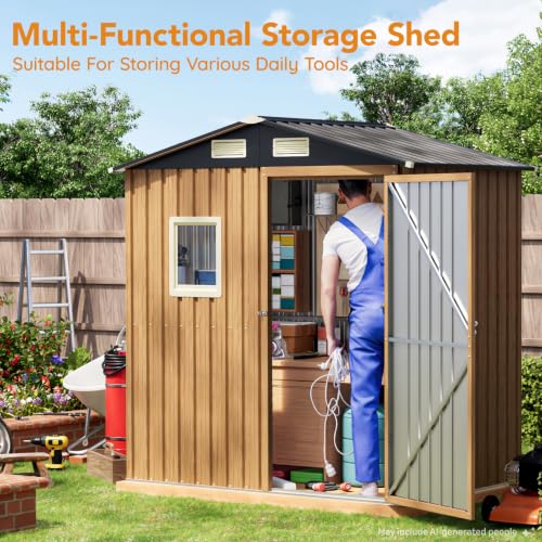 Image of Panovue 6X4FT Garden Storage Shed with Frame Floor & Lockable Door,Steel Tool Shed with 1 Clear Window, Anti-Corrosion Metal Shed for Backyard Patio Lawn (Wood Panels Not Included)