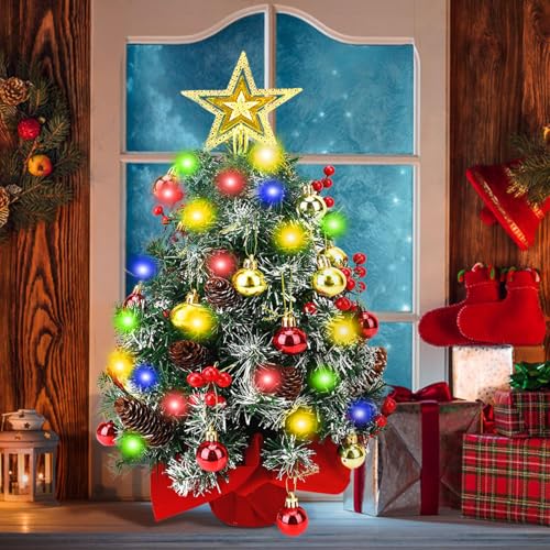 Árbol de Navidad Mini,Mini Arbol de Navidad Pequeño,55cm,Árbols de Navidads Artificial Pequeño con Iluminación LED y Decorado,Decoración Navideña de Mesa para Hogar,Oficina y Regalos de Adviento