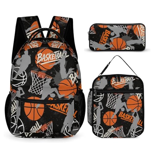 DOYULIK Conjunto de mochila com tema de basquete para crianças, mochila escolar com lancheira e bolsa de lápis (basquete)