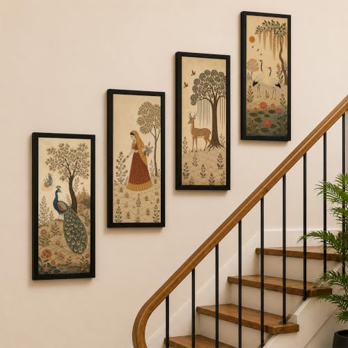 Image of Paintingmantra Traditional Indian Heritage Framed Wall Art Painting For Living Room | Peacock, Deer, Woman Artwork Poster with Frame for Wall, Decoration item for Bedroom, Set of 4, Size 9.5x19.5 Inch