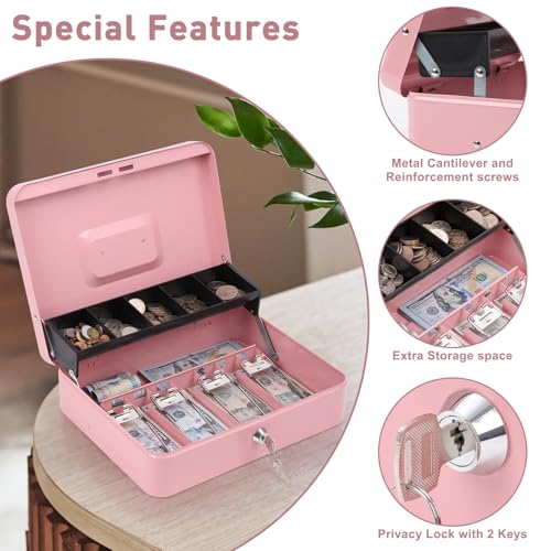 Image of KYODOLED Locking Cash Box with Lock, Money Box with Cash Tray,Lock Safe Box with Key, Money Saving Organizer, 11.81Lx 9.45Wx 3.54H Inches, Pink XL Large
