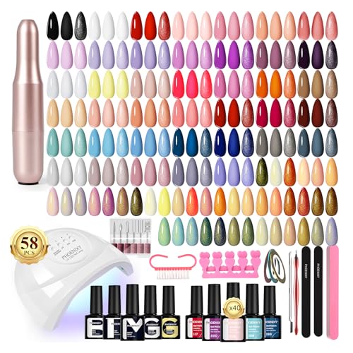 phoenixy 58Pcs Gel Nail Polish Kit with UV Light and Nail Drill 40 Colors Gel Nail Polish 5Pcs Glossy Matte Glitter Gold Silver Top Base Coat Home DIY Nail Kit Art Manicure Gifts for Women & Girls