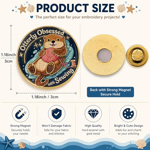 Image of Funny Otter Needle Minder Magnet, Magnetic Sewing Accessory with inchOtterly Obsessed with Sewing inch Design, Cute Holder for Embroidery, Needlepoint & Cross Stitch Projects