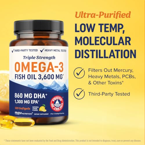 Image of Triple Strength DHA Omega-3 Fish Oil 3600 mg | Over 2100mg Omega-3 Fatty Acids with 860 mg of DHA | 1300mg EPA | Best Essential Fatty Acids | Premium Wild Caught & Burpless Fish Oil | 120 Softgels