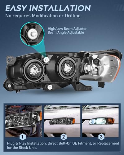Image of Nilight Headlight Assembly Compatible with 2001 2002 Toyota Corolla Replacement Headlamp Black Housing Amber Reflector Driver and Passenger Side