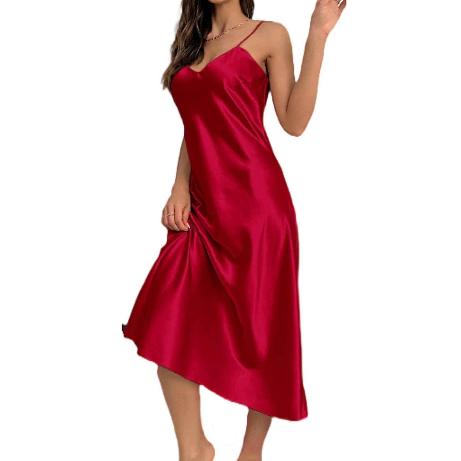 Chemise de nuit en satin col V vêtement de nuit femme rouge XL