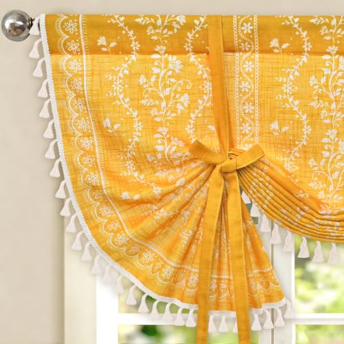 Image of Yinhua Boho Tie Up Curtains for Windows Vintage Linen Valance Light Filtering Floral Valance Rod Pocket Rustic Adjustable Tassel Window Valances for Bathroom, 42 inch W X 45 inch L, Yellow