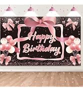 Black Rose Gold Bow Birthday Backdrop,Bow Happy Birthday Banner Decorations for Girls Women Party...